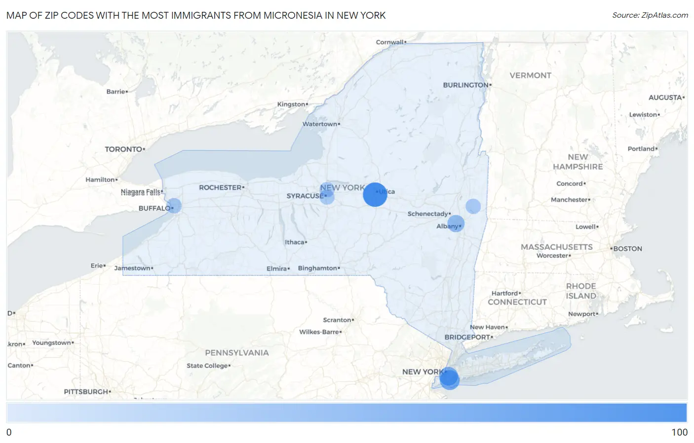 Zip Codes with the Most Immigrants from Micronesia in New York Map