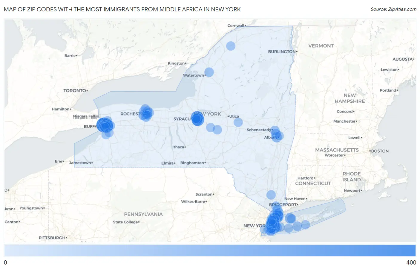 Zip Codes with the Most Immigrants from Middle Africa in New York Map
