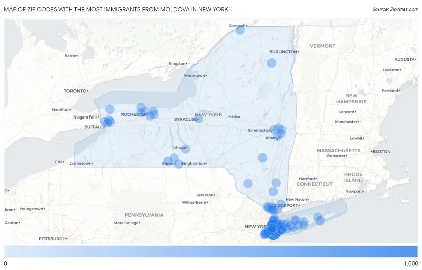 Zip Codes with the Most Immigrants from Moldova in New York Map