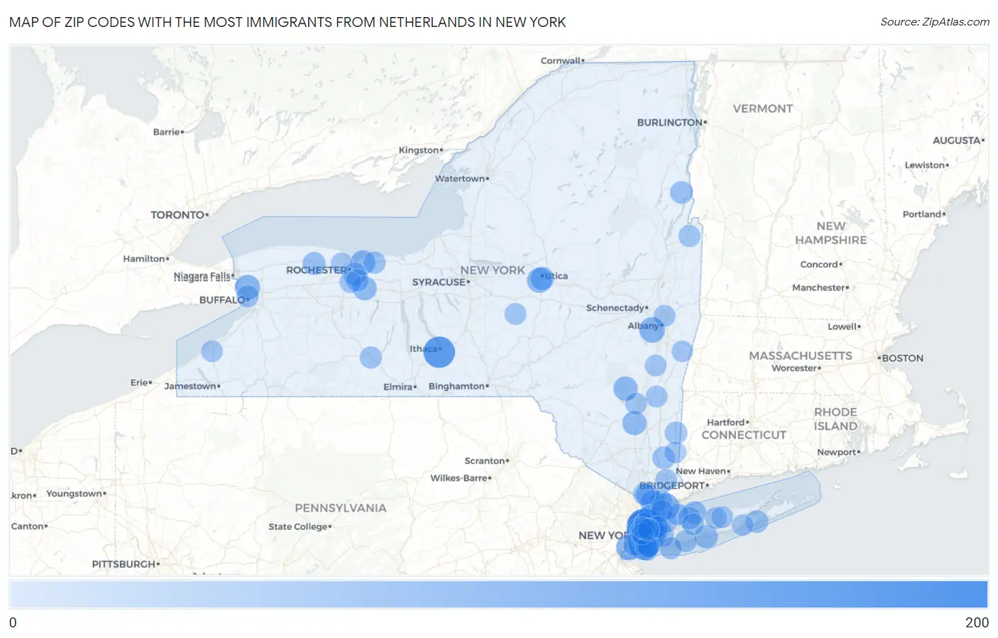 Zip Codes with the Most Immigrants from Netherlands in New York Map