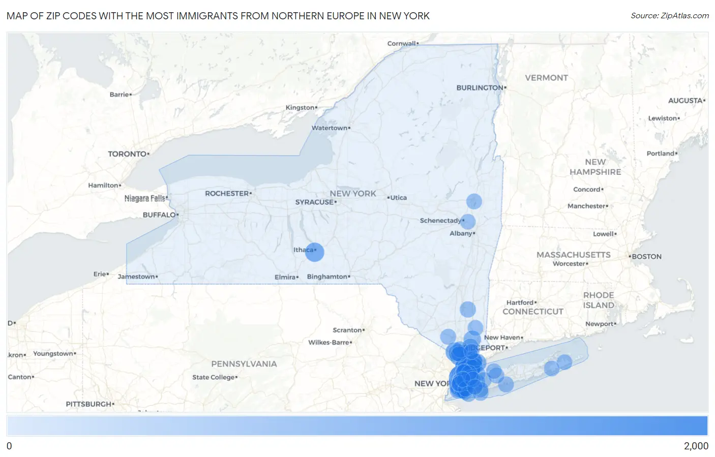 Zip Codes with the Most Immigrants from Northern Europe in New York Map