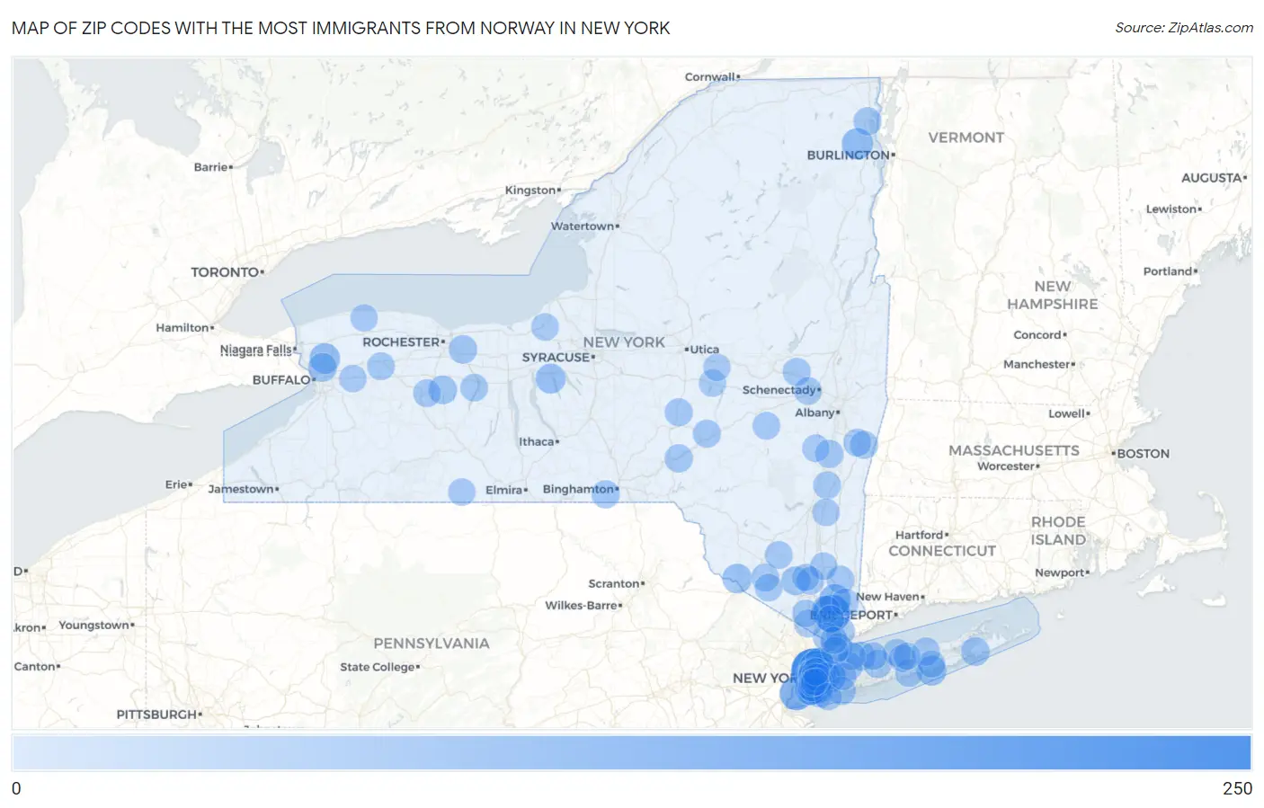 Zip Codes with the Most Immigrants from Norway in New York Map