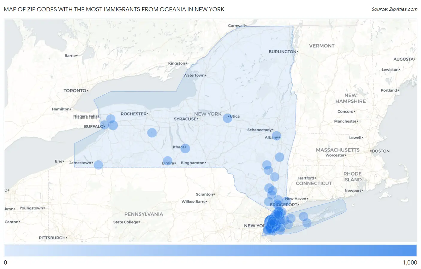 Zip Codes with the Most Immigrants from Oceania in New York Map