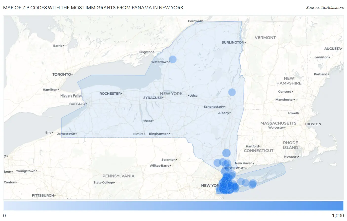 Zip Codes with the Most Immigrants from Panama in New York Map