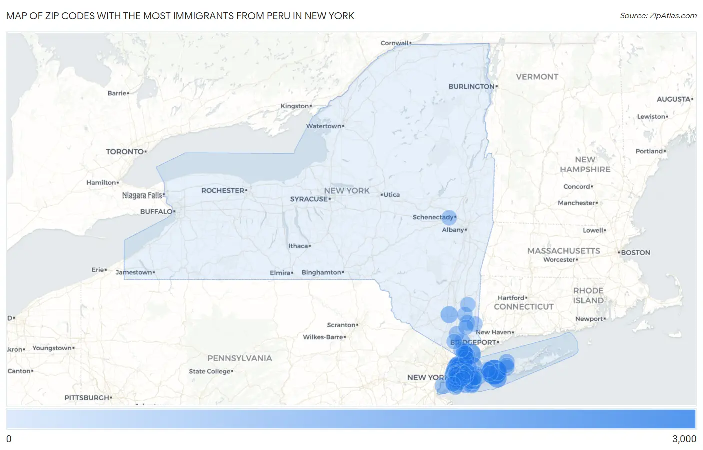 Zip Codes with the Most Immigrants from Peru in New York Map