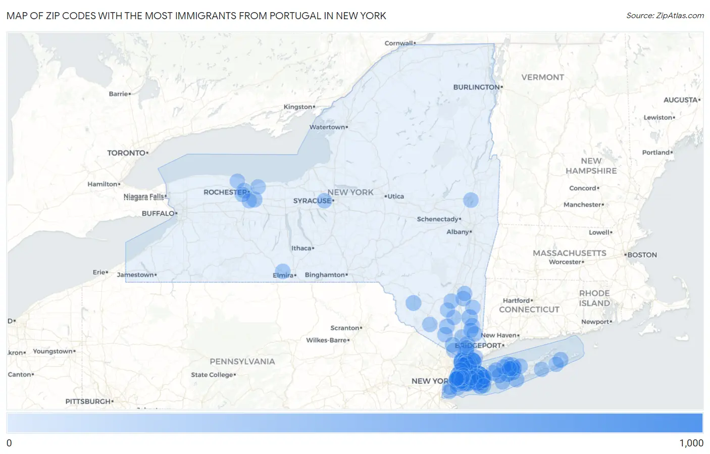 Zip Codes with the Most Immigrants from Portugal in New York Map