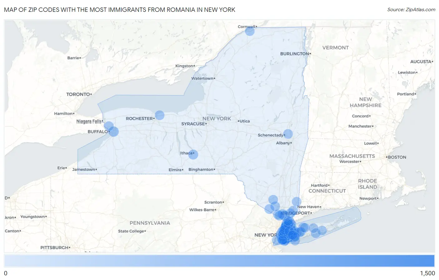 Zip Codes with the Most Immigrants from Romania in New York Map