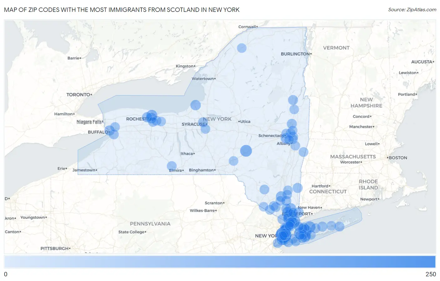 Zip Codes with the Most Immigrants from Scotland in New York Map