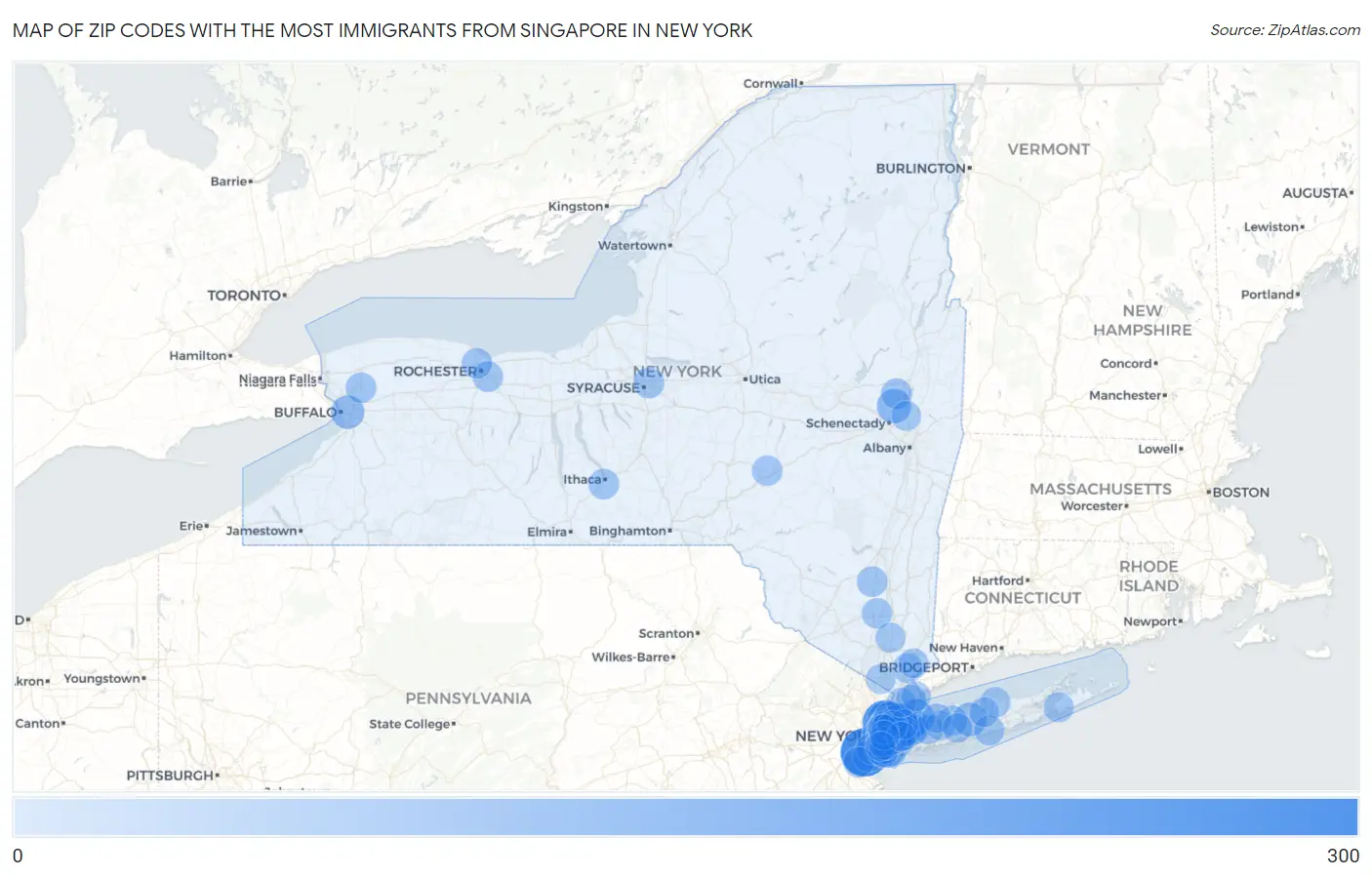 Zip Codes with the Most Immigrants from Singapore in New York Map
