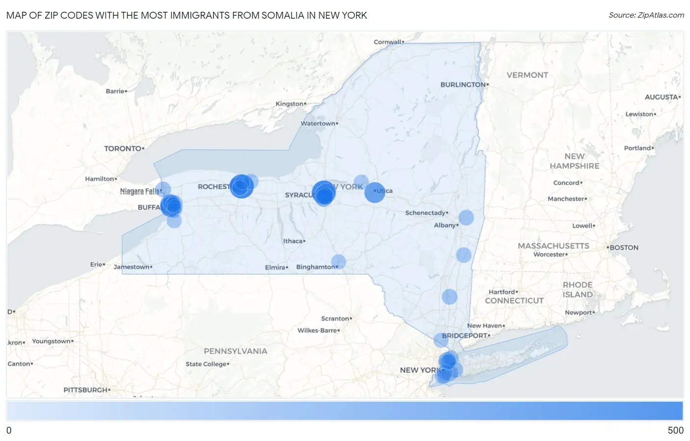 Zip Codes with the Most Immigrants from Somalia in New York Map