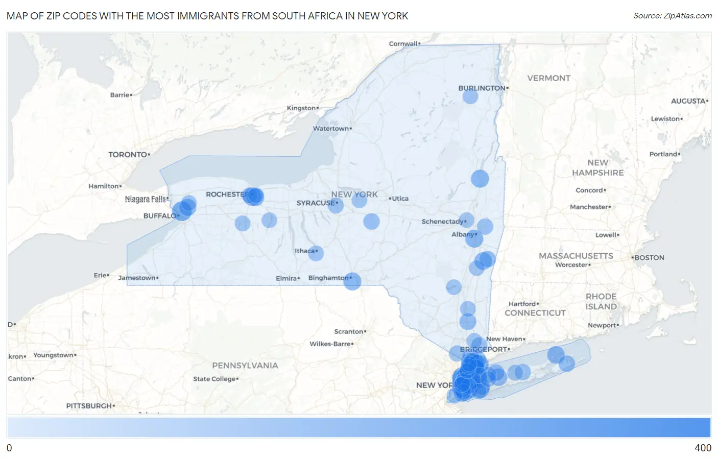 Zip Codes with the Most Immigrants from South Africa in New York Map