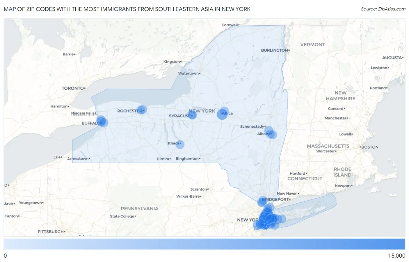 Zip Codes with the Most Immigrants from South Eastern Asia in New York Map