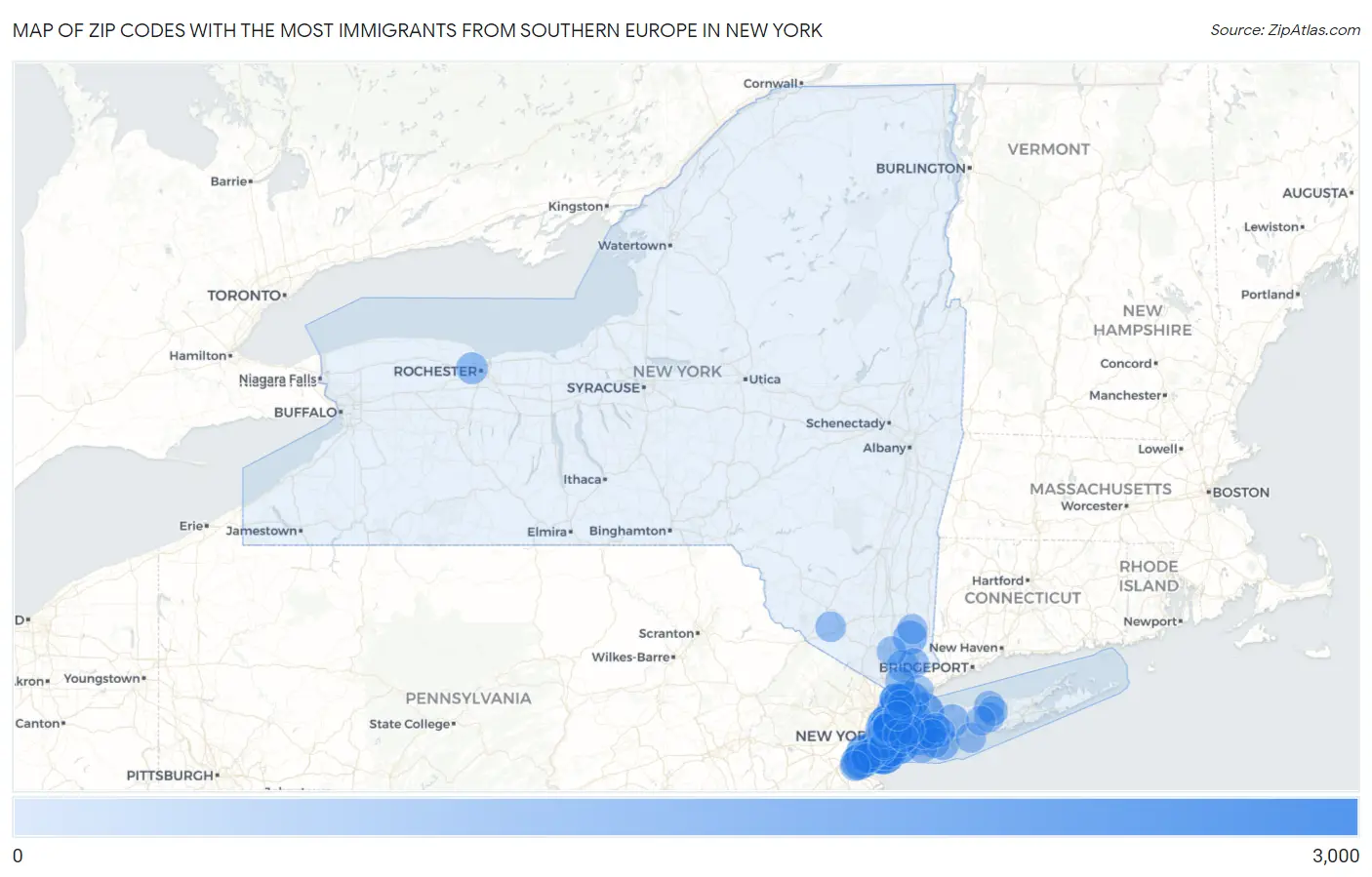 Zip Codes with the Most Immigrants from Southern Europe in New York Map