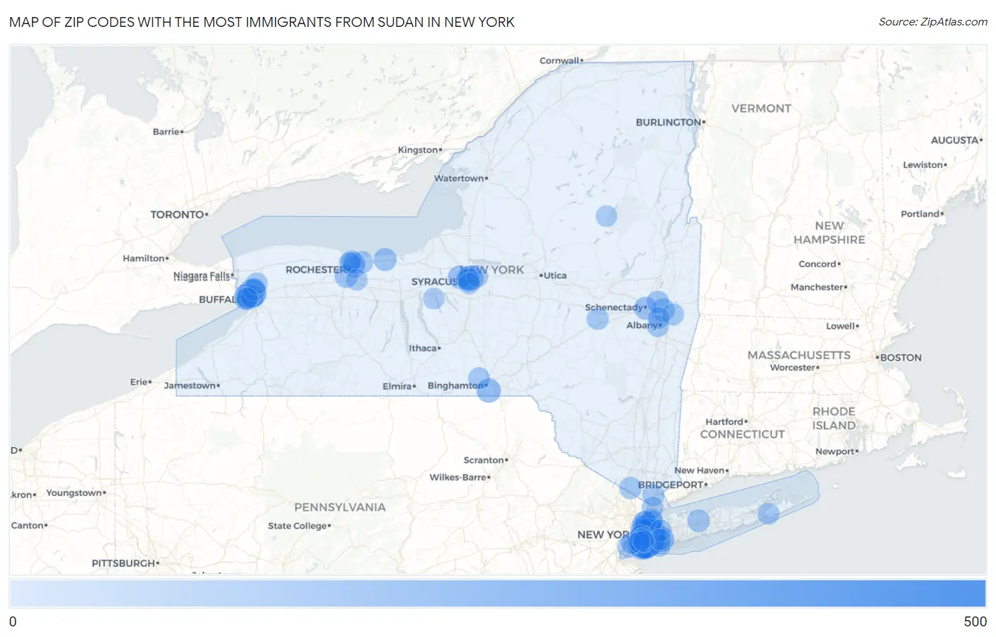 Zip Codes with the Most Immigrants from Sudan in New York Map