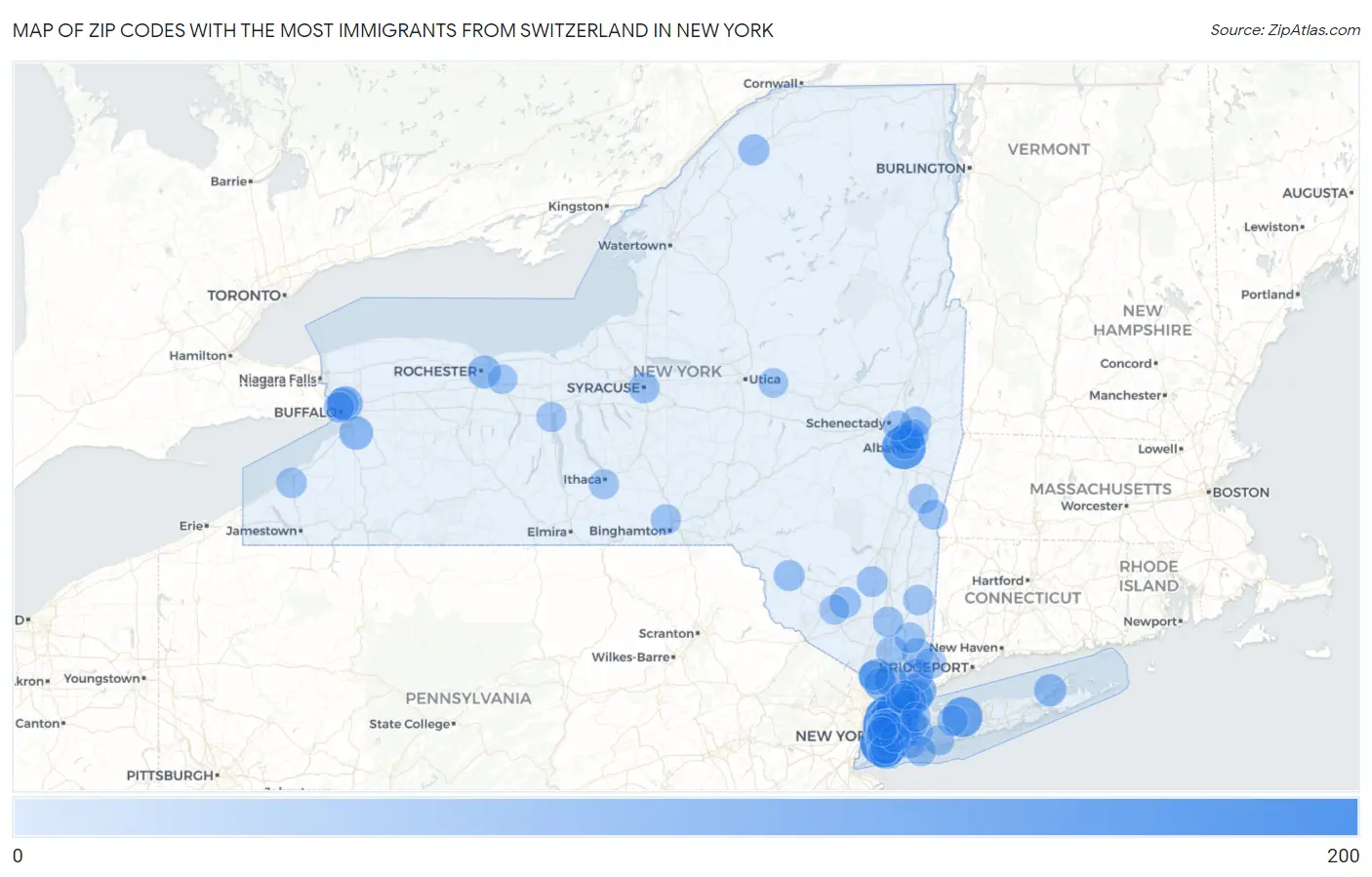 Zip Codes with the Most Immigrants from Switzerland in New York Map