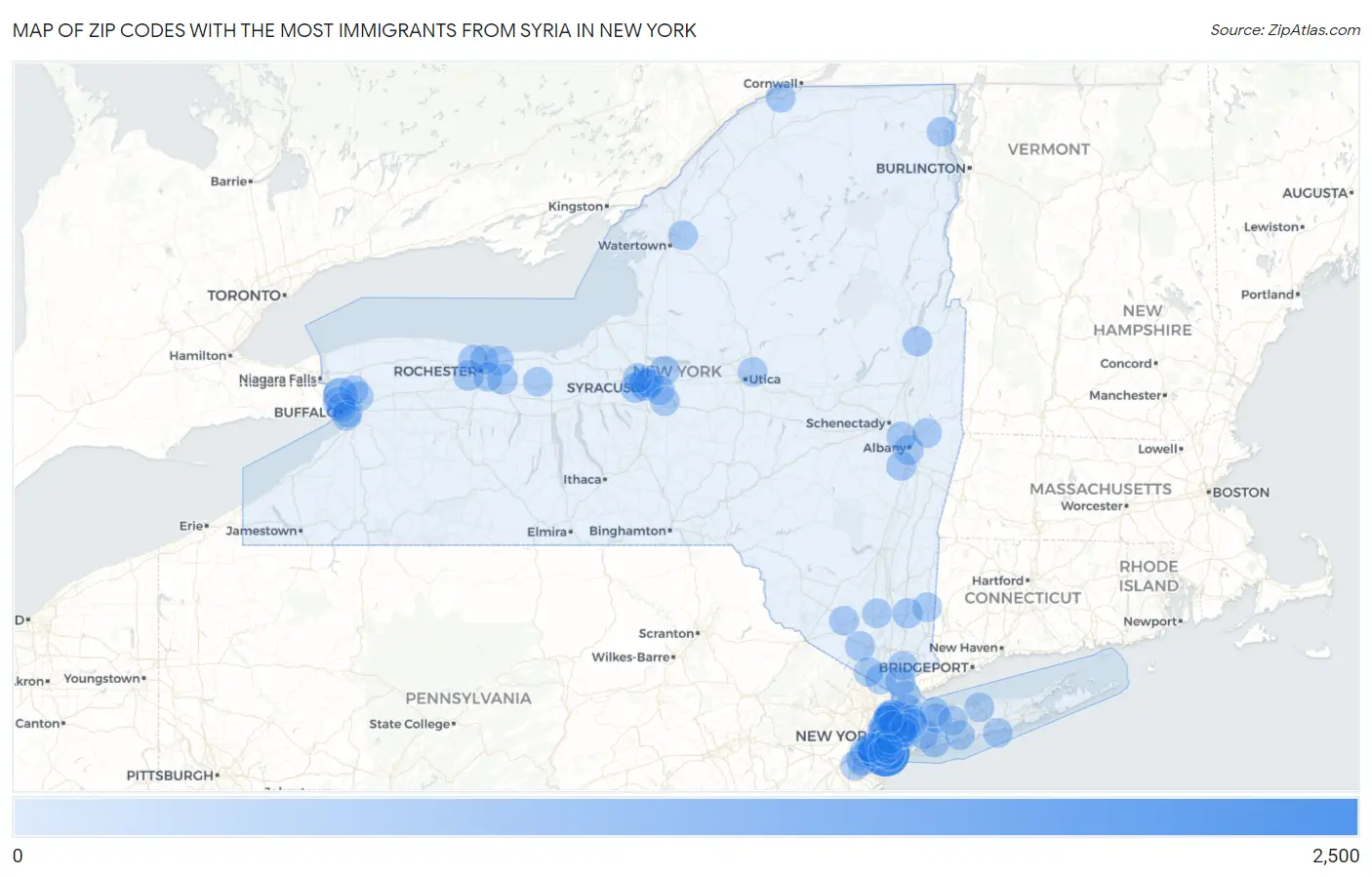 Zip Codes with the Most Immigrants from Syria in New York Map