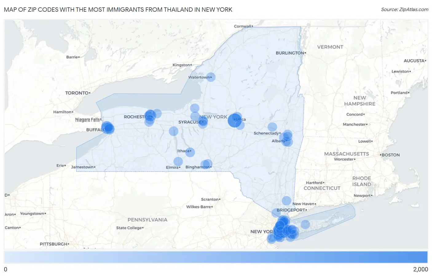 Zip Codes with the Most Immigrants from Thailand in New York Map
