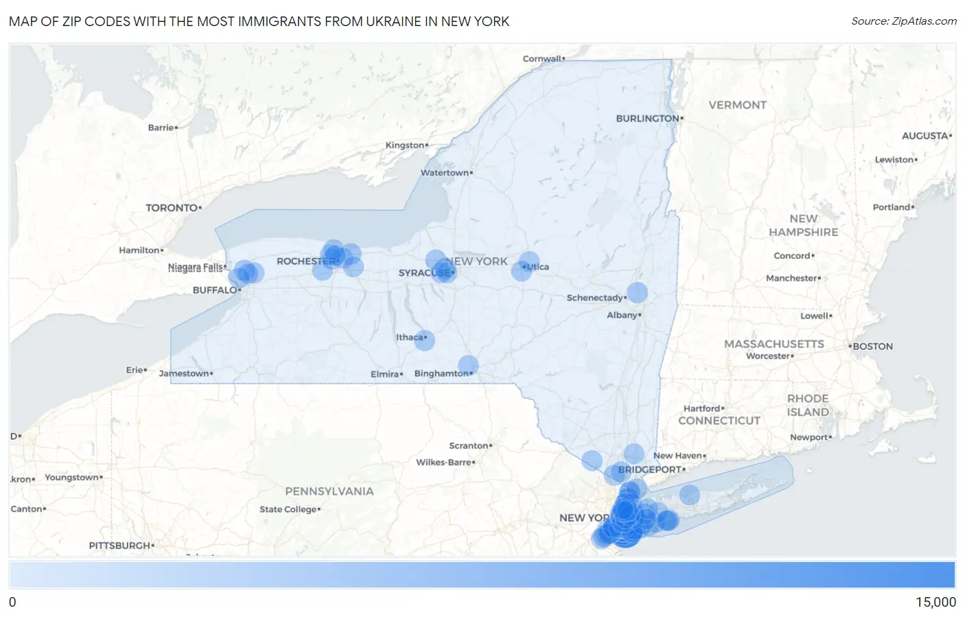 Zip Codes with the Most Immigrants from Ukraine in New York Map