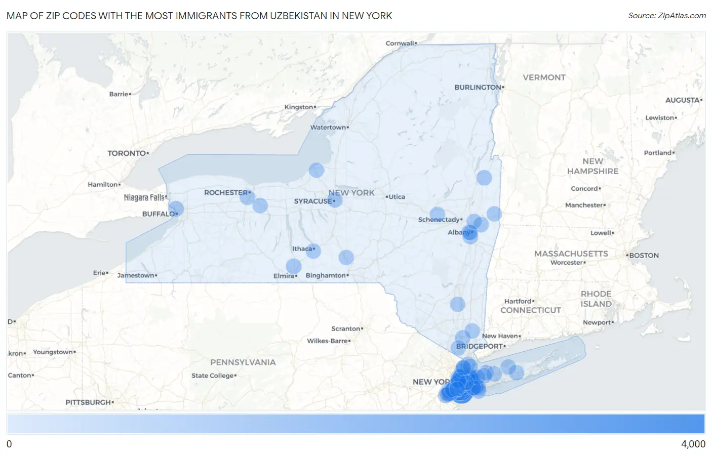 Zip Codes with the Most Immigrants from Uzbekistan in New York Map