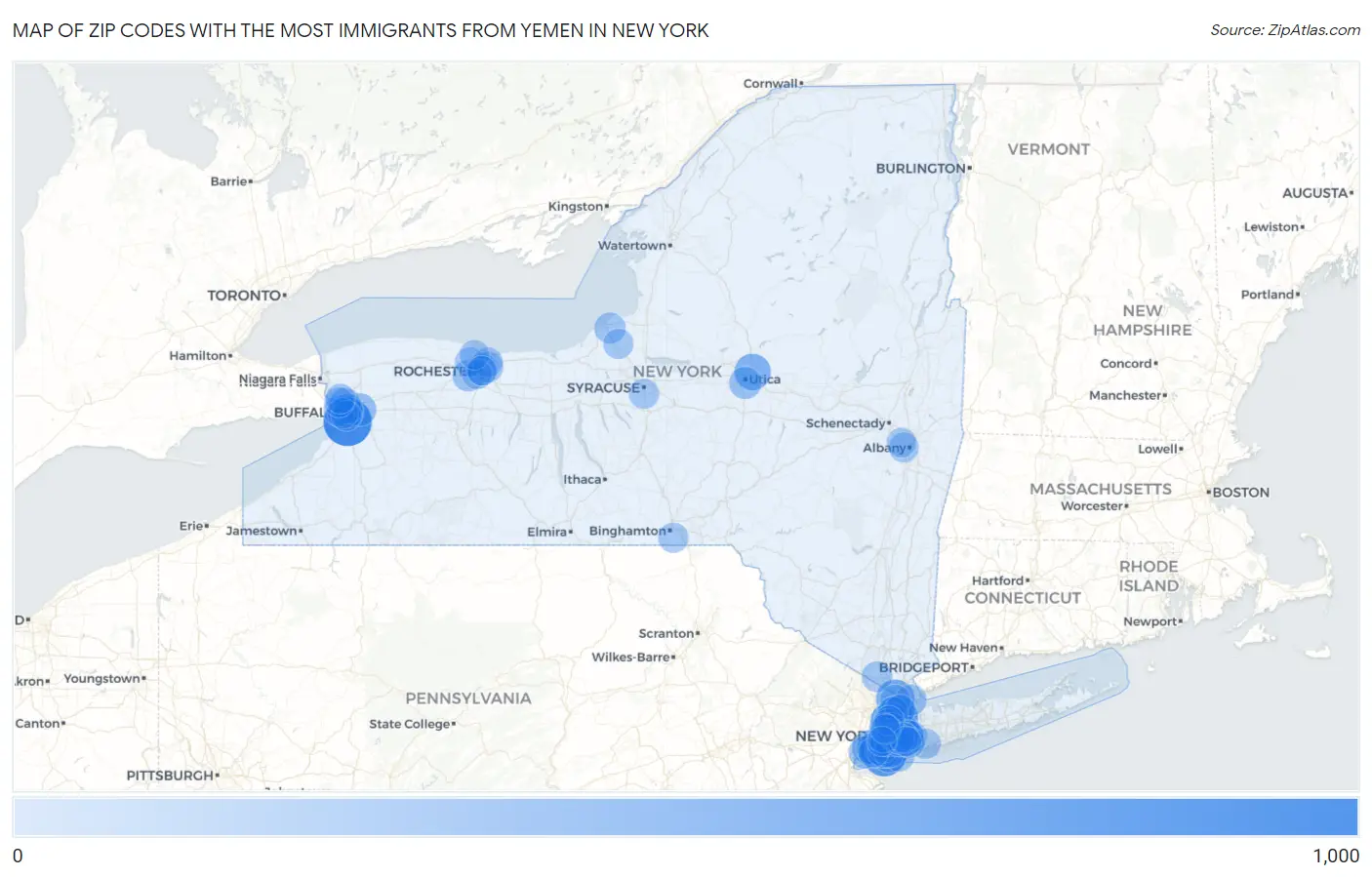 Zip Codes with the Most Immigrants from Yemen in New York Map
