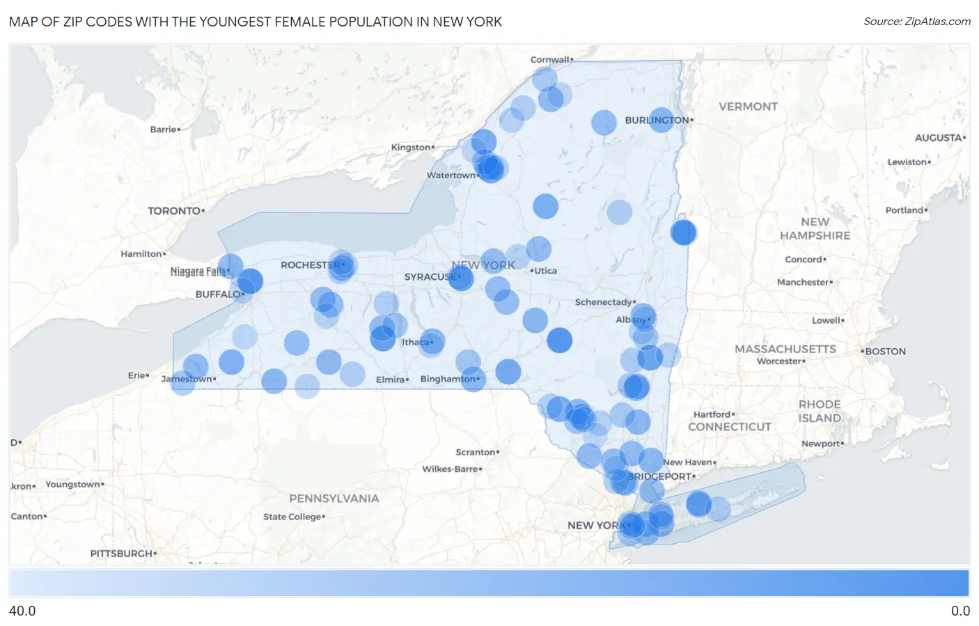 Zip Codes with the Youngest Female Population in New York Map
