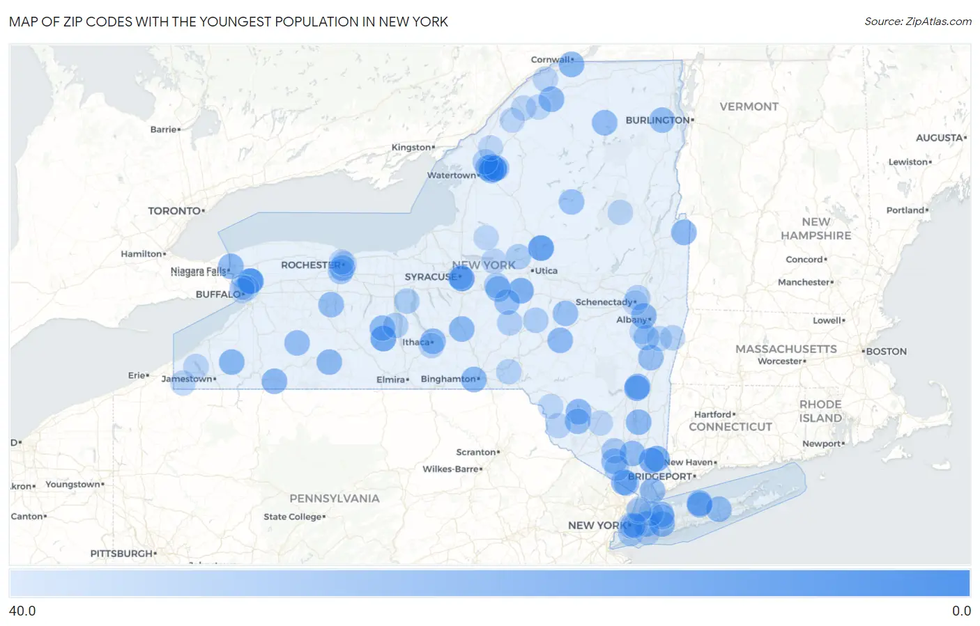 Zip Codes with the Youngest Population in New York Map