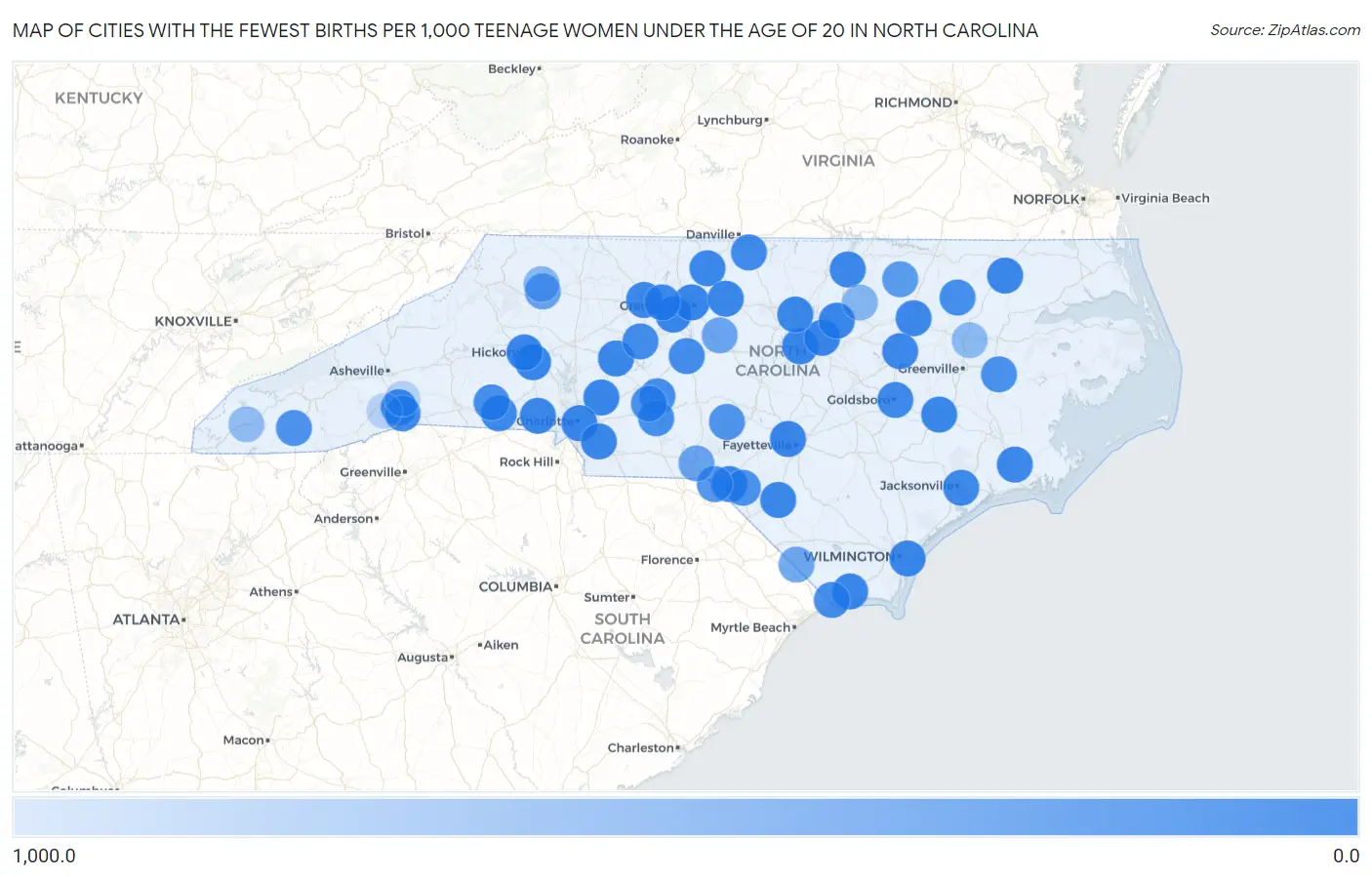 Cities with the Fewest Births per 1,000 Teenage Women Under the Age of 20 in North Carolina Map