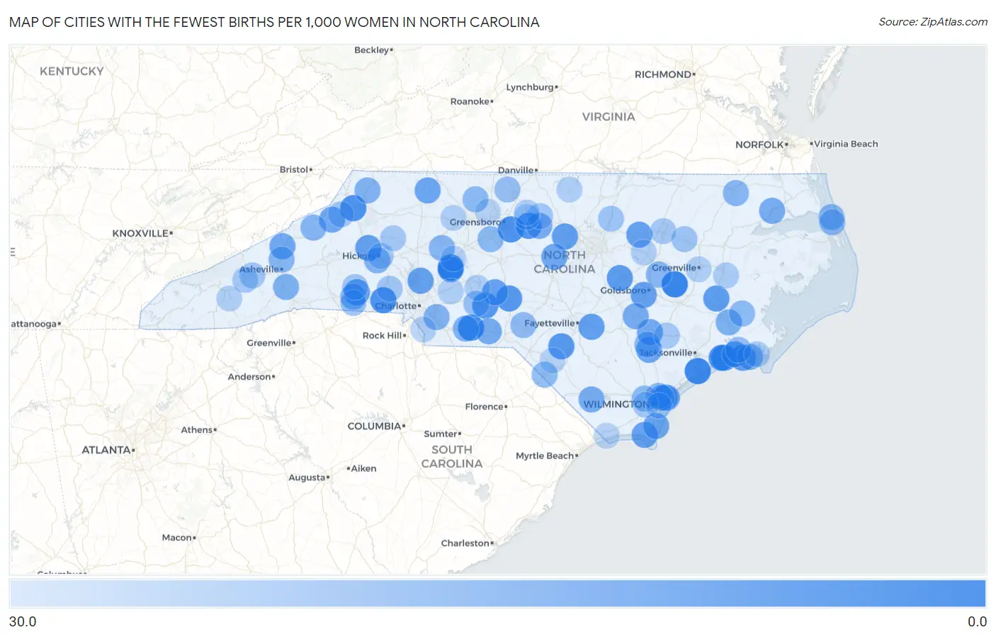 Cities with the Fewest Births per 1,000 Women in North Carolina Map