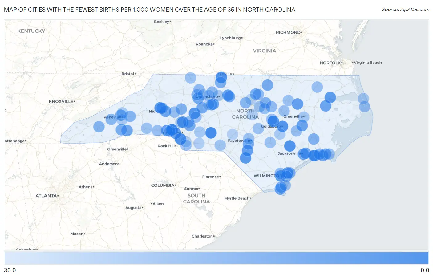 Cities with the Fewest Births per 1,000 Women Over the Age of 35 in North Carolina Map