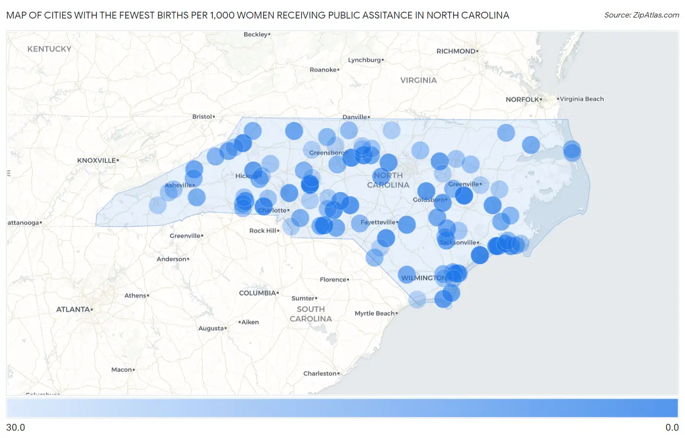 Cities with the Fewest Births per 1,000 Women Receiving Public Assitance in North Carolina Map