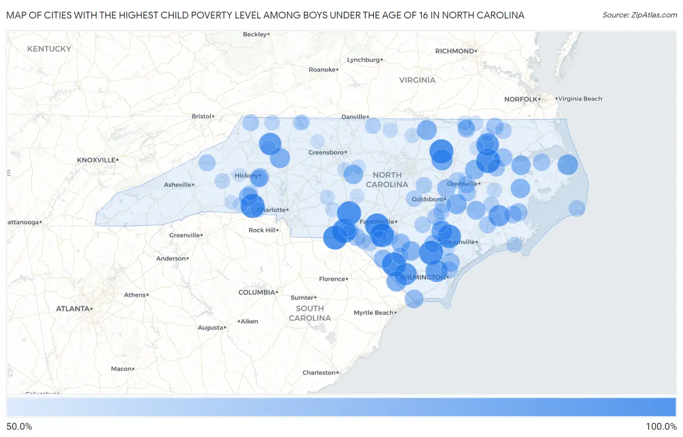 Cities with the Highest Child Poverty Level Among Boys Under the Age of 16 in North Carolina Map