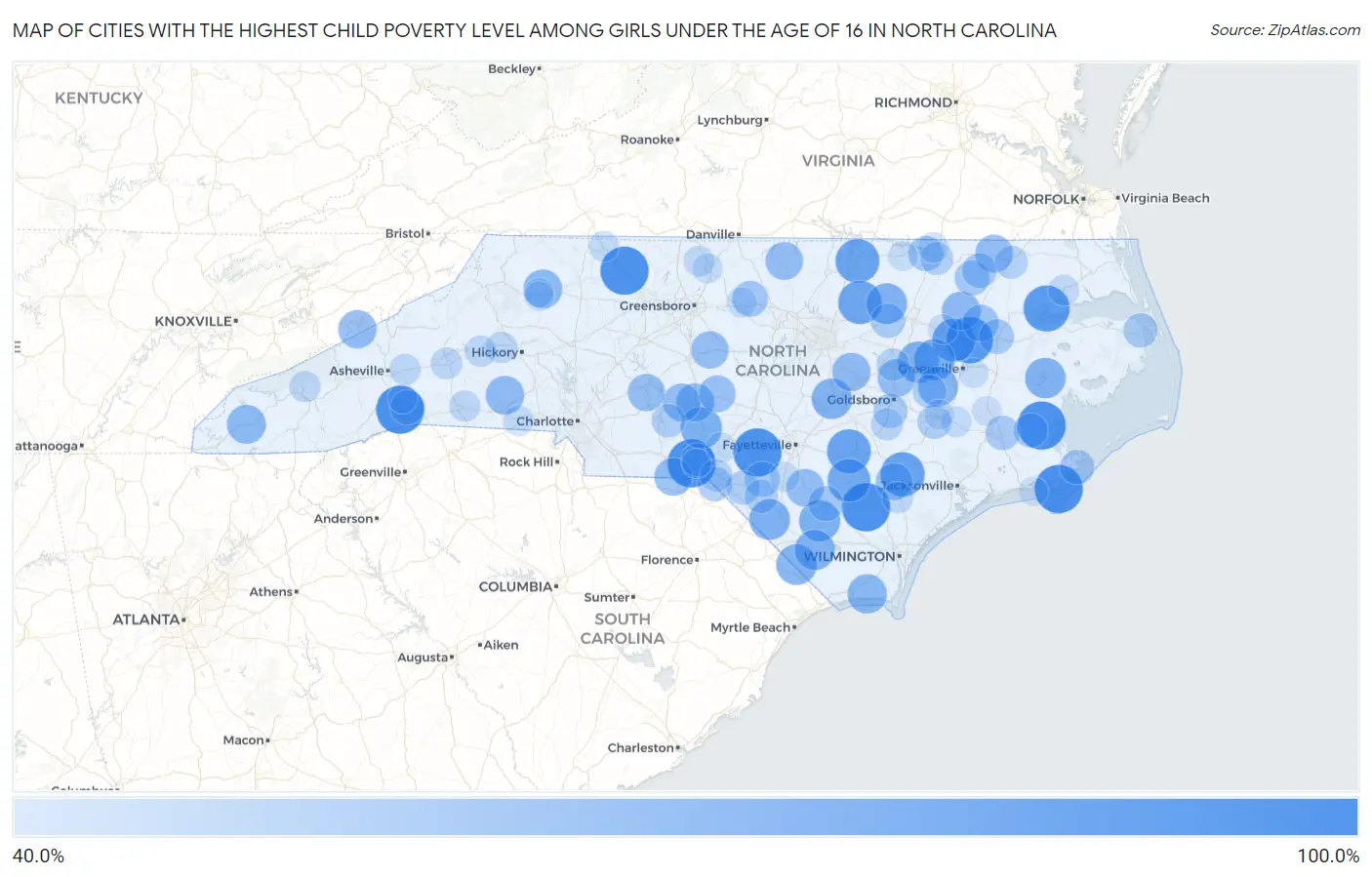 Cities with the Highest Child Poverty Level Among Girls Under the Age of 16 in North Carolina Map