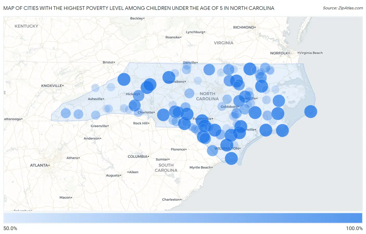 Cities with the Highest Poverty Level Among Children Under the Age of 5 in North Carolina Map