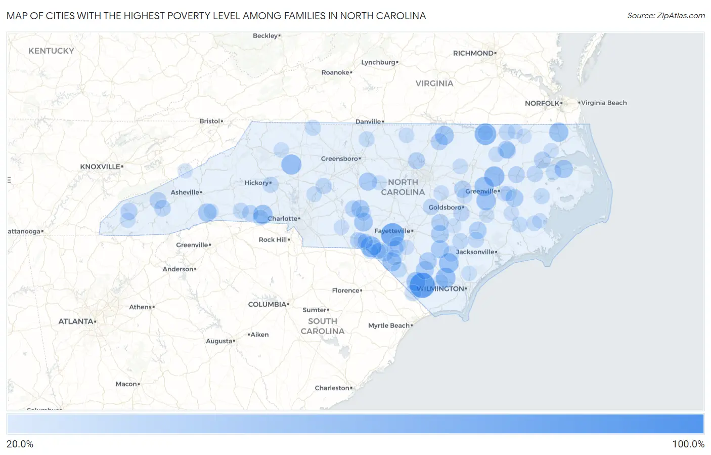 Cities with the Highest Poverty Level Among Families in North Carolina Map