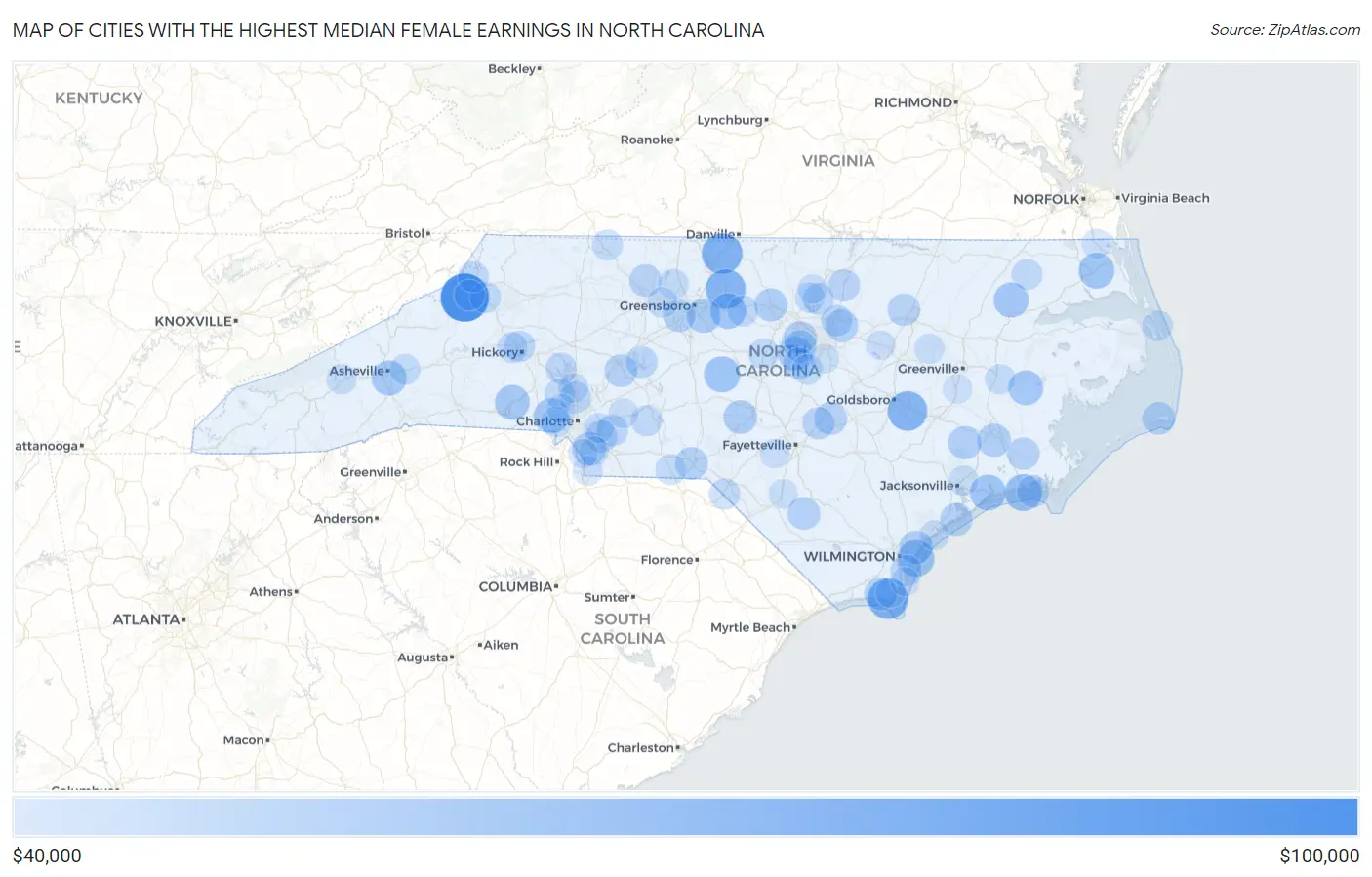 Cities with the Highest Median Female Earnings in North Carolina Map