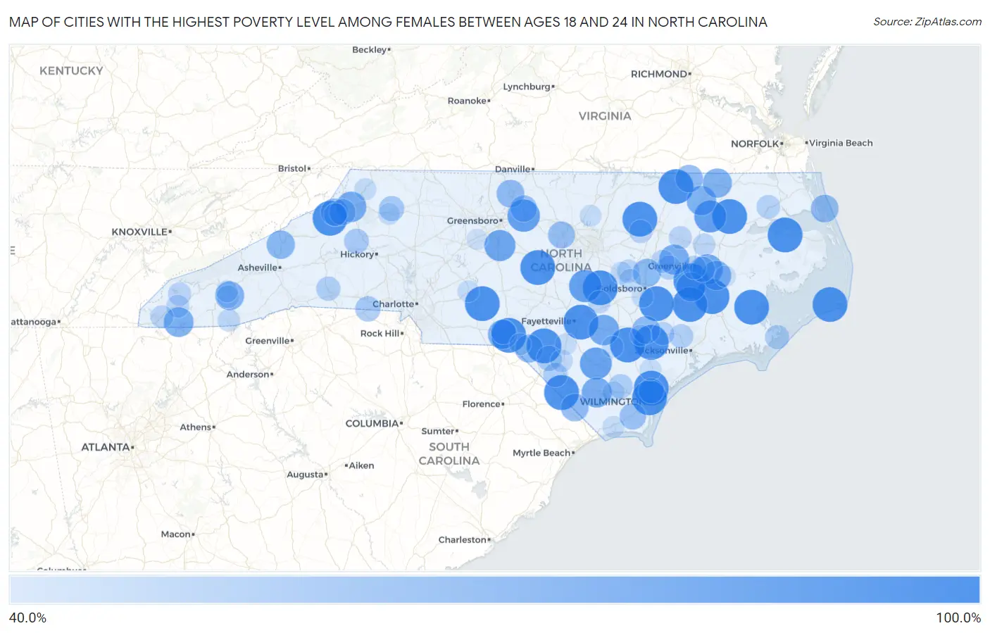 Cities with the Highest Poverty Level Among Females Between Ages 18 and 24 in North Carolina Map
