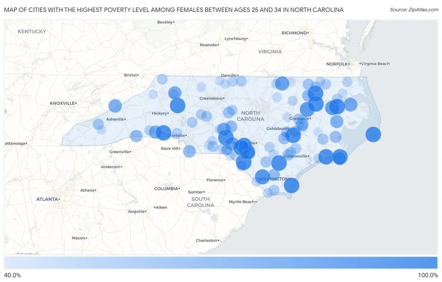 Cities with the Highest Poverty Level Among Females Between Ages 25 and 34 in North Carolina Map