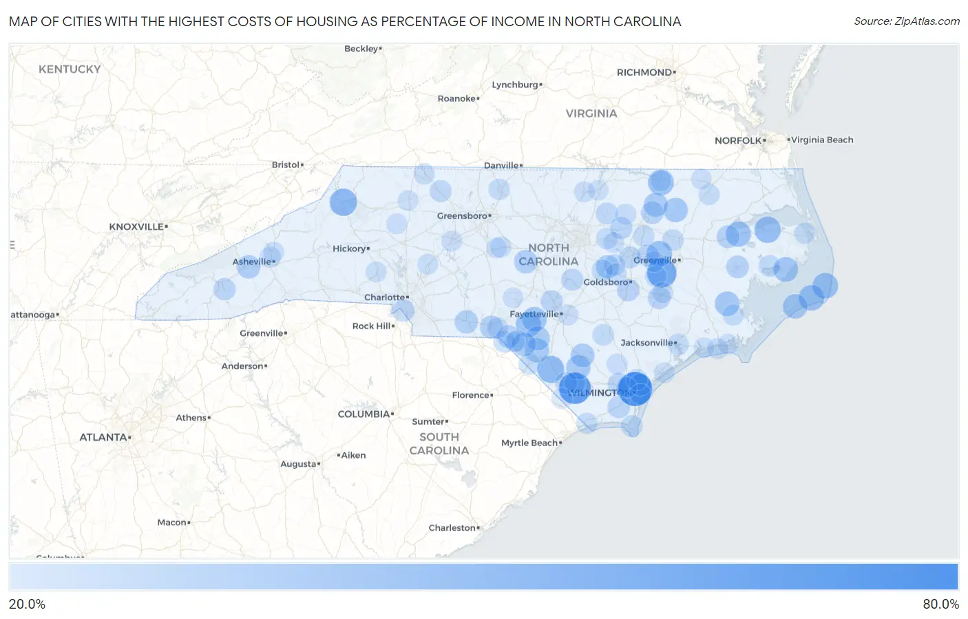 Cities with the Highest Costs of Housing as Percentage of Income in North Carolina Map