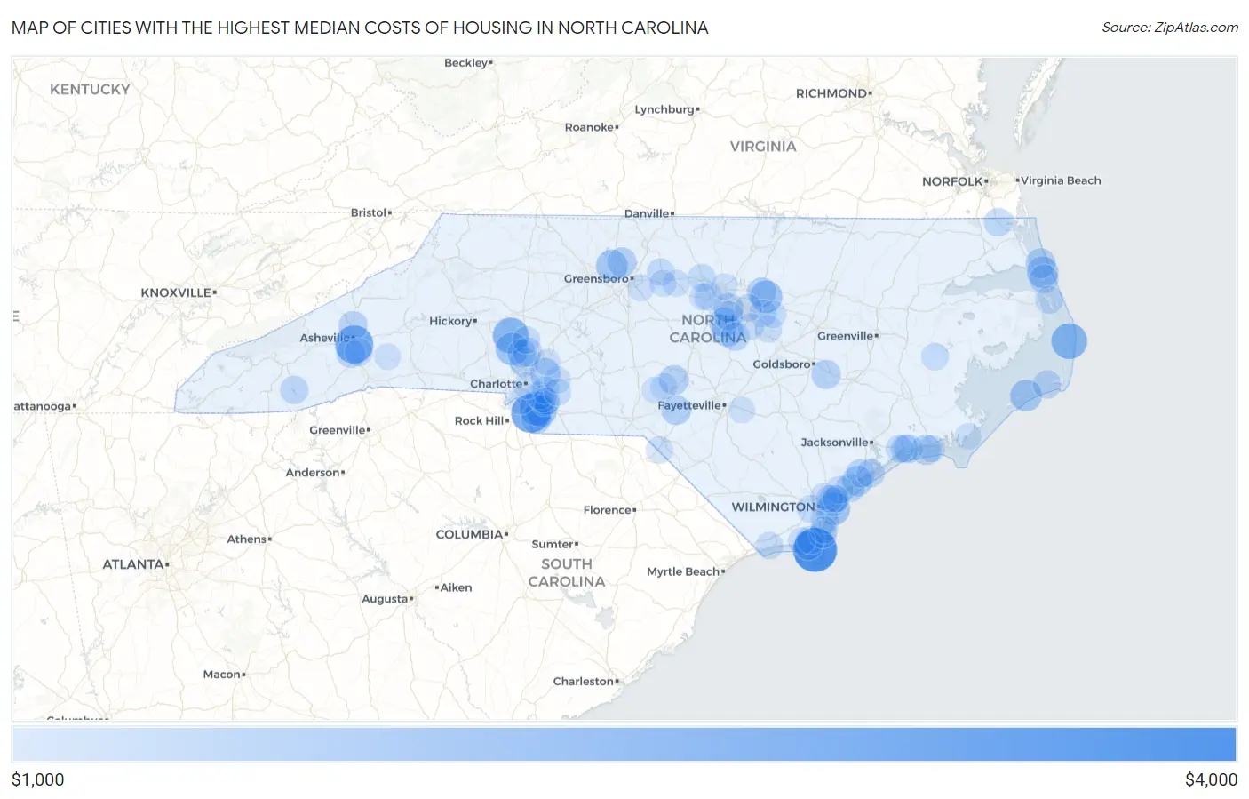Cities with the Highest Median Costs of Housing in North Carolina Map