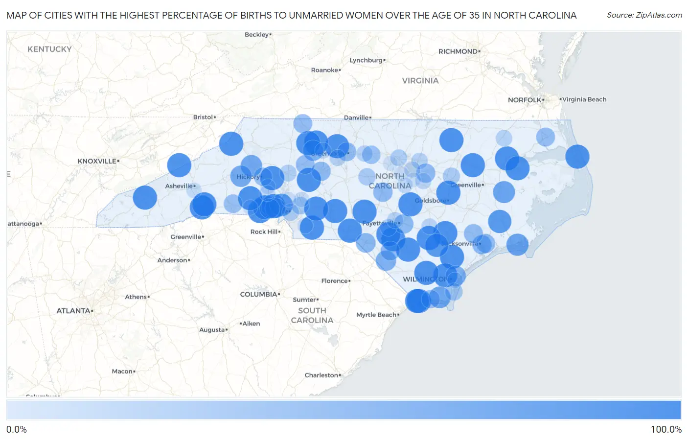 Cities with the Highest Percentage of Births to Unmarried Women over the Age of 35 in North Carolina Map