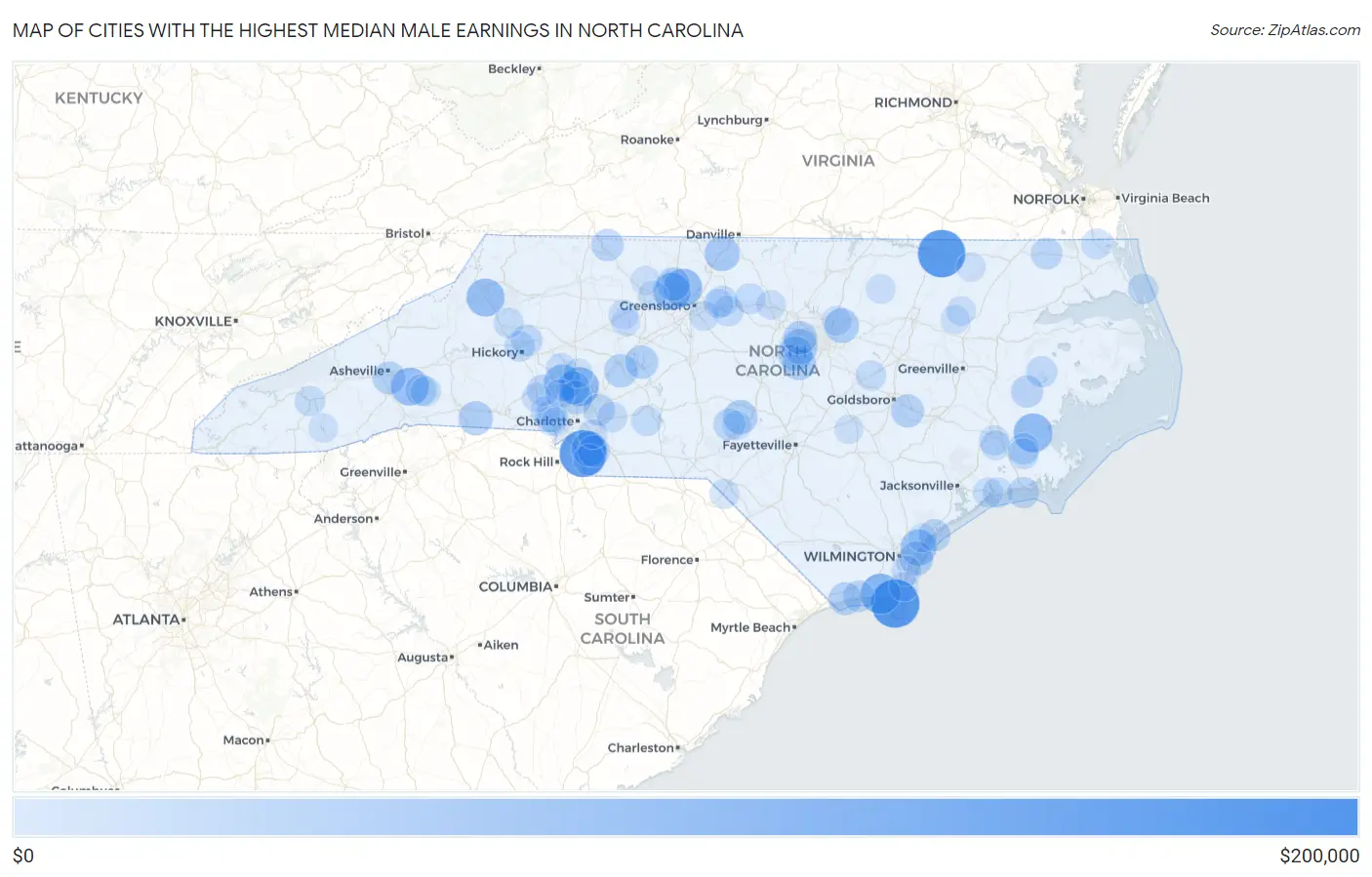 Cities with the Highest Median Male Earnings in North Carolina Map