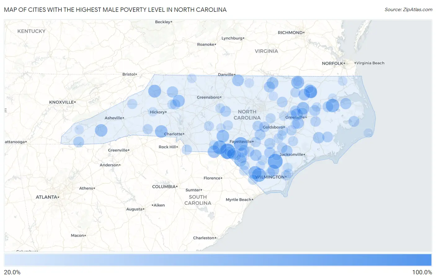 Cities with the Highest Male Poverty Level in North Carolina Map