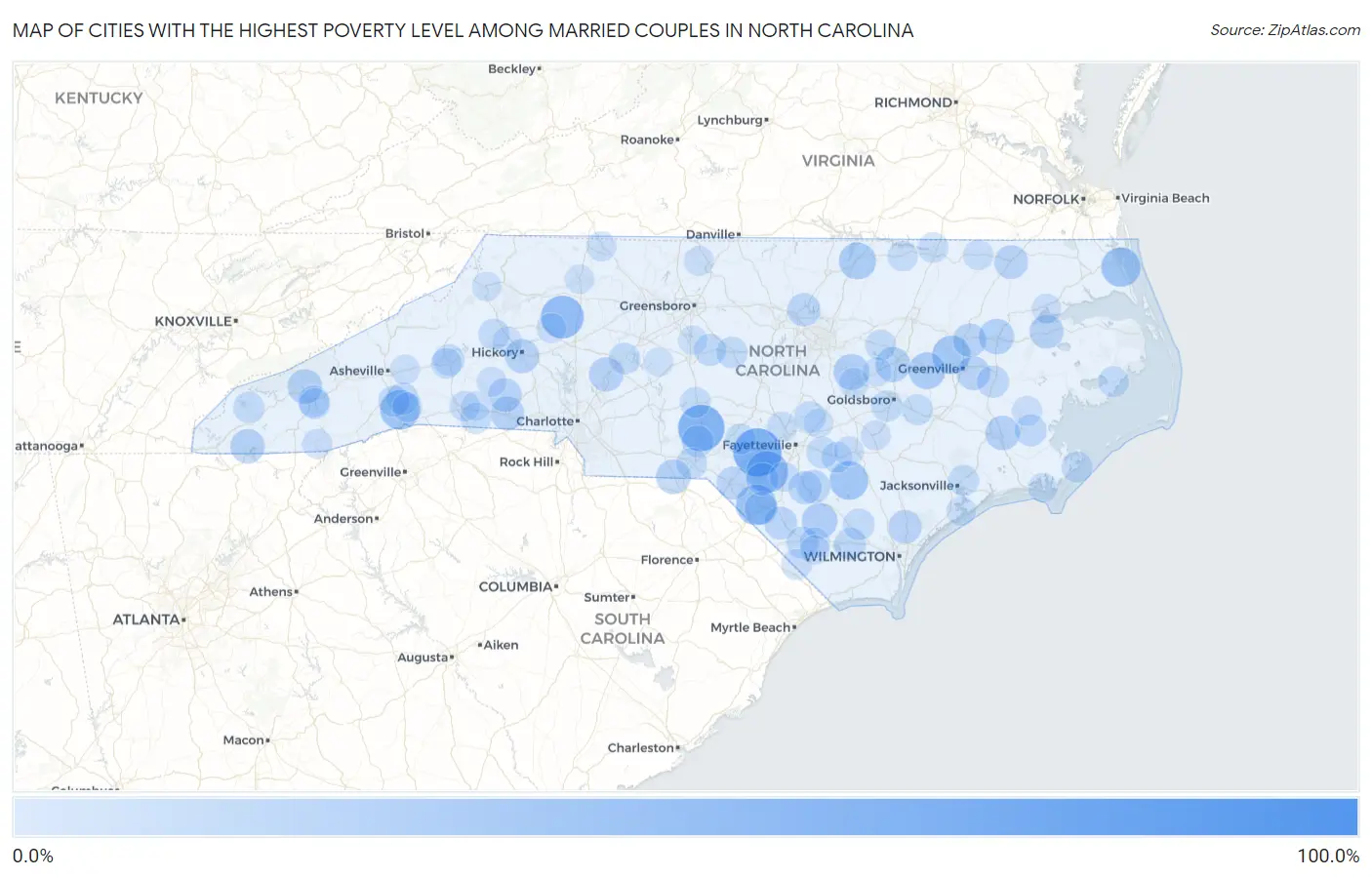 Cities with the Highest Poverty Level Among Married Couples in North Carolina Map