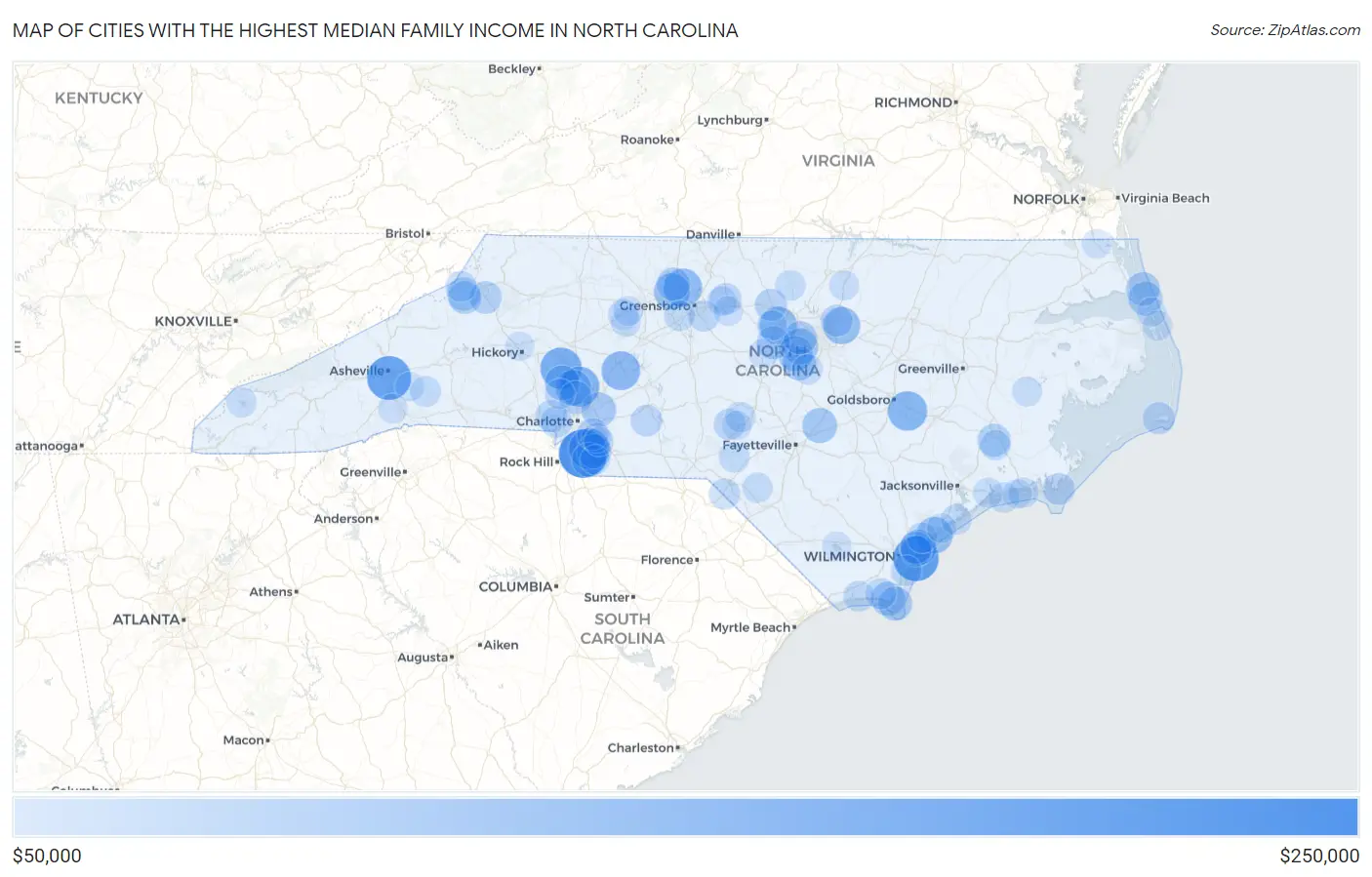 Cities with the Highest Median Family Income in North Carolina Map