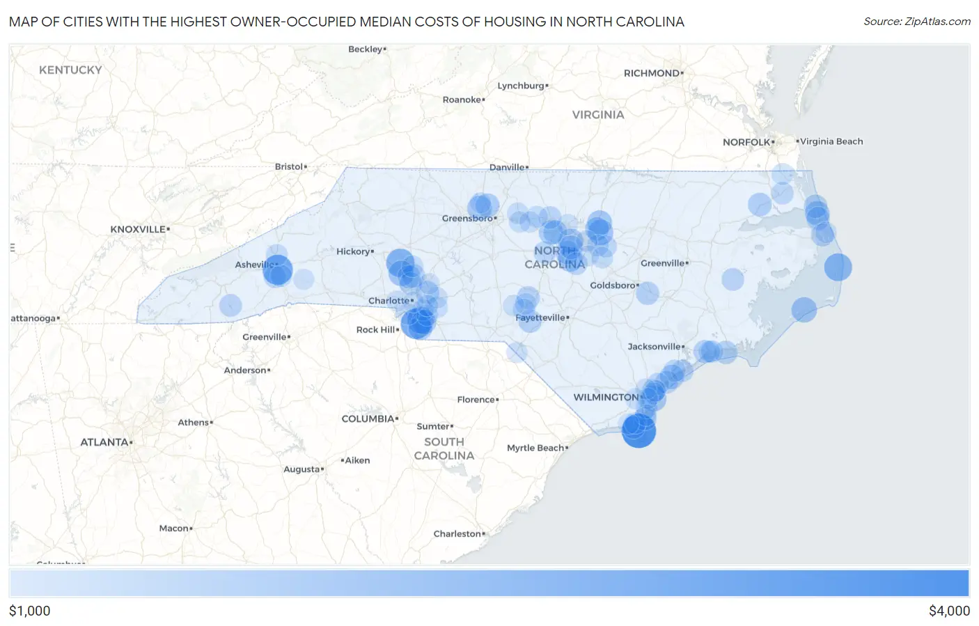 Cities with the Highest Owner-Occupied Median Costs of Housing in North Carolina Map