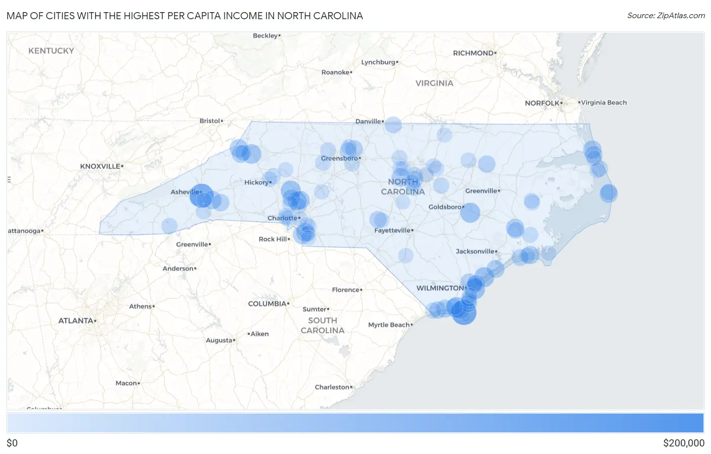 Cities with the Highest Per Capita Income in North Carolina Map