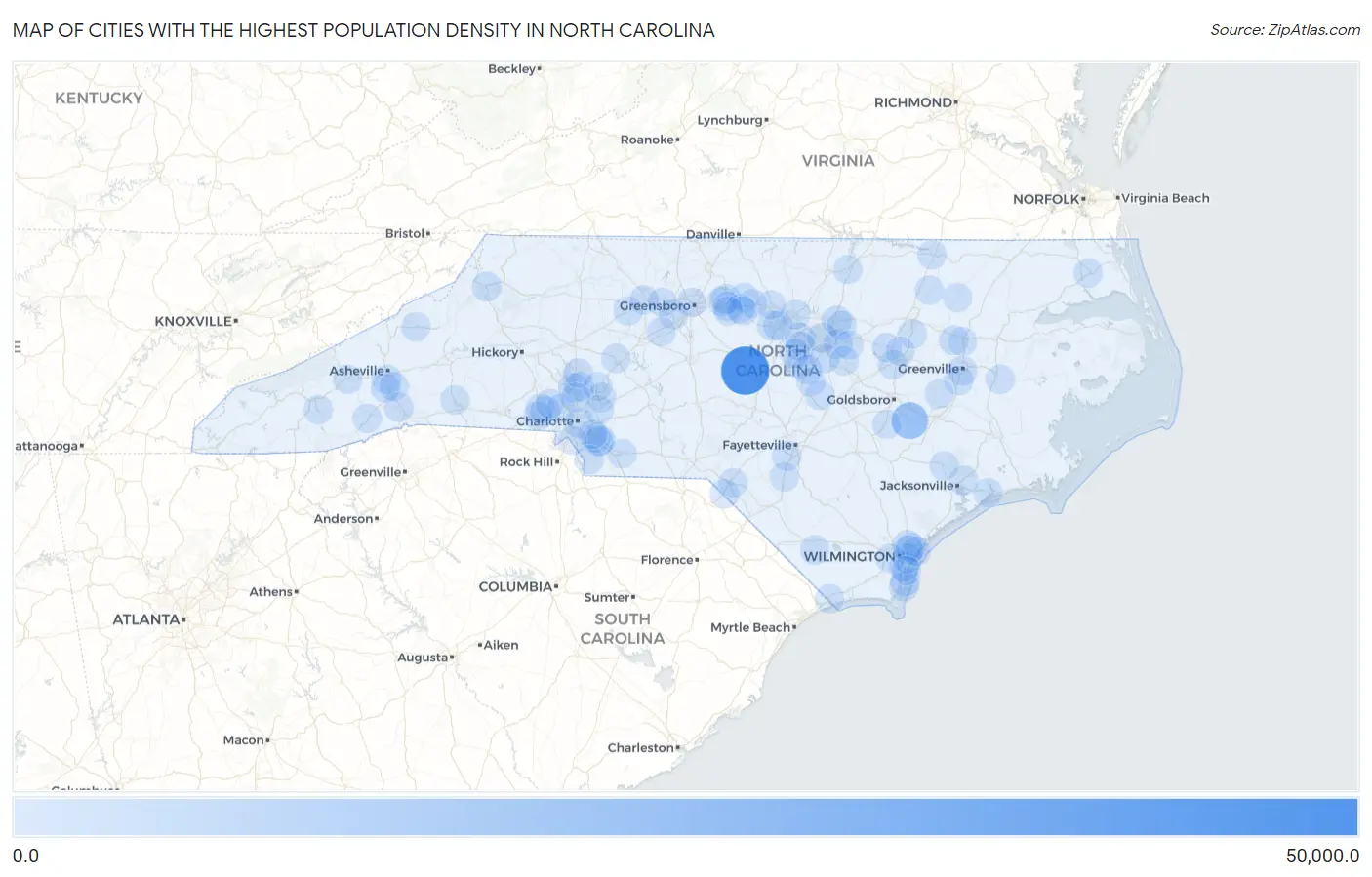 Cities with the Highest Population Density in North Carolina Map