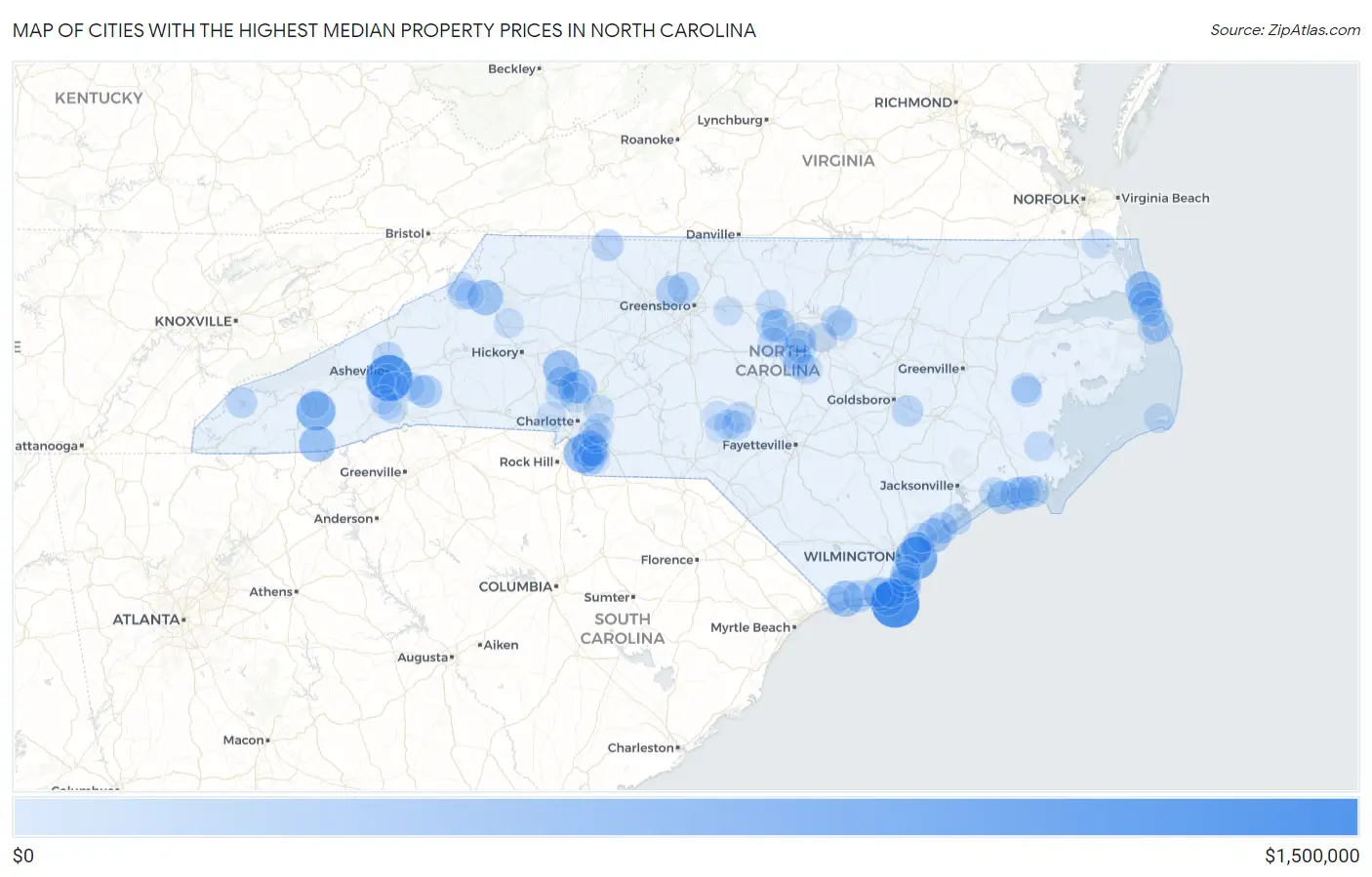 Cities with the Highest Median Property Prices in North Carolina Map