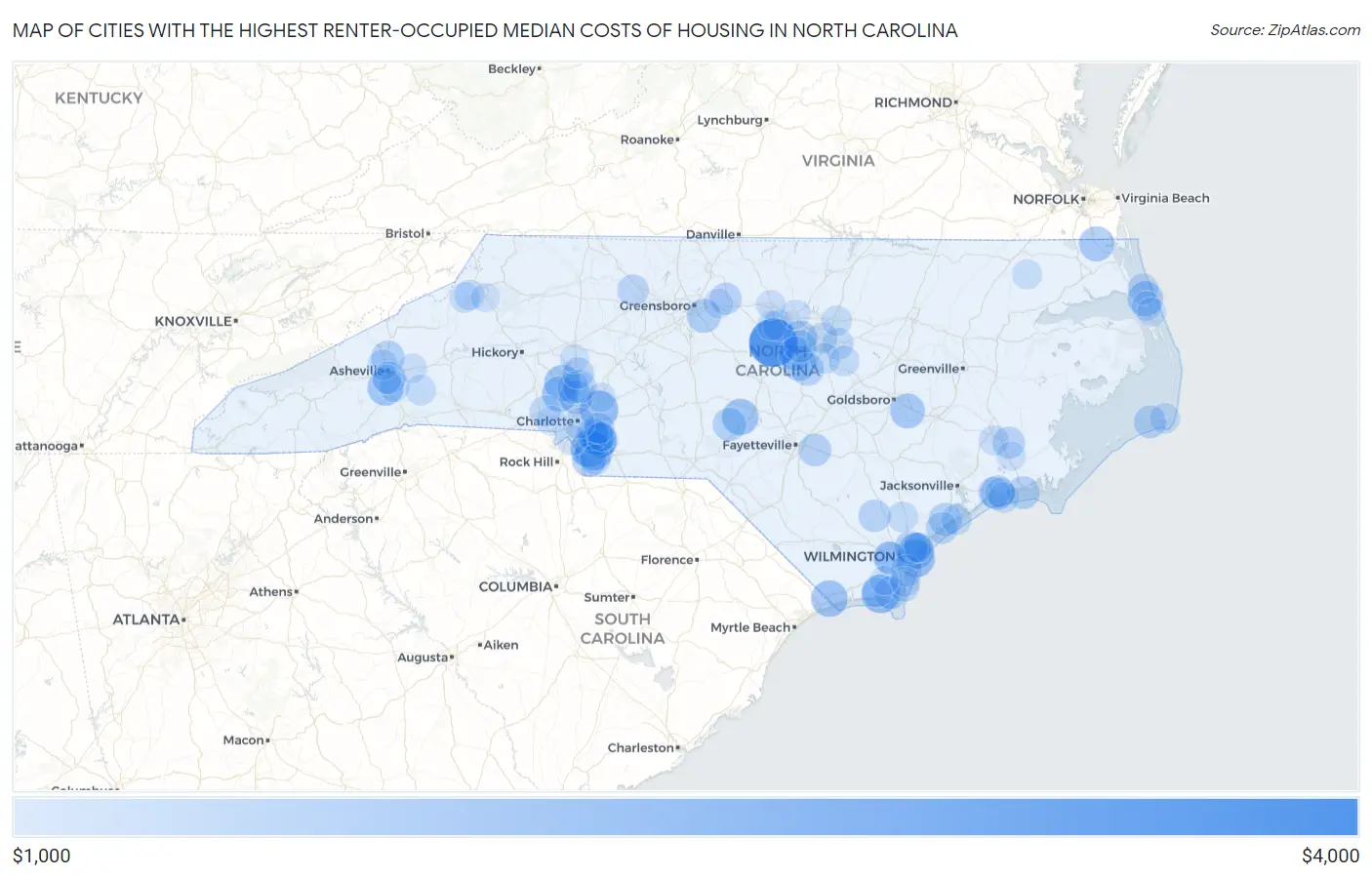 Cities with the Highest Renter-Occupied Median Costs of Housing in North Carolina Map