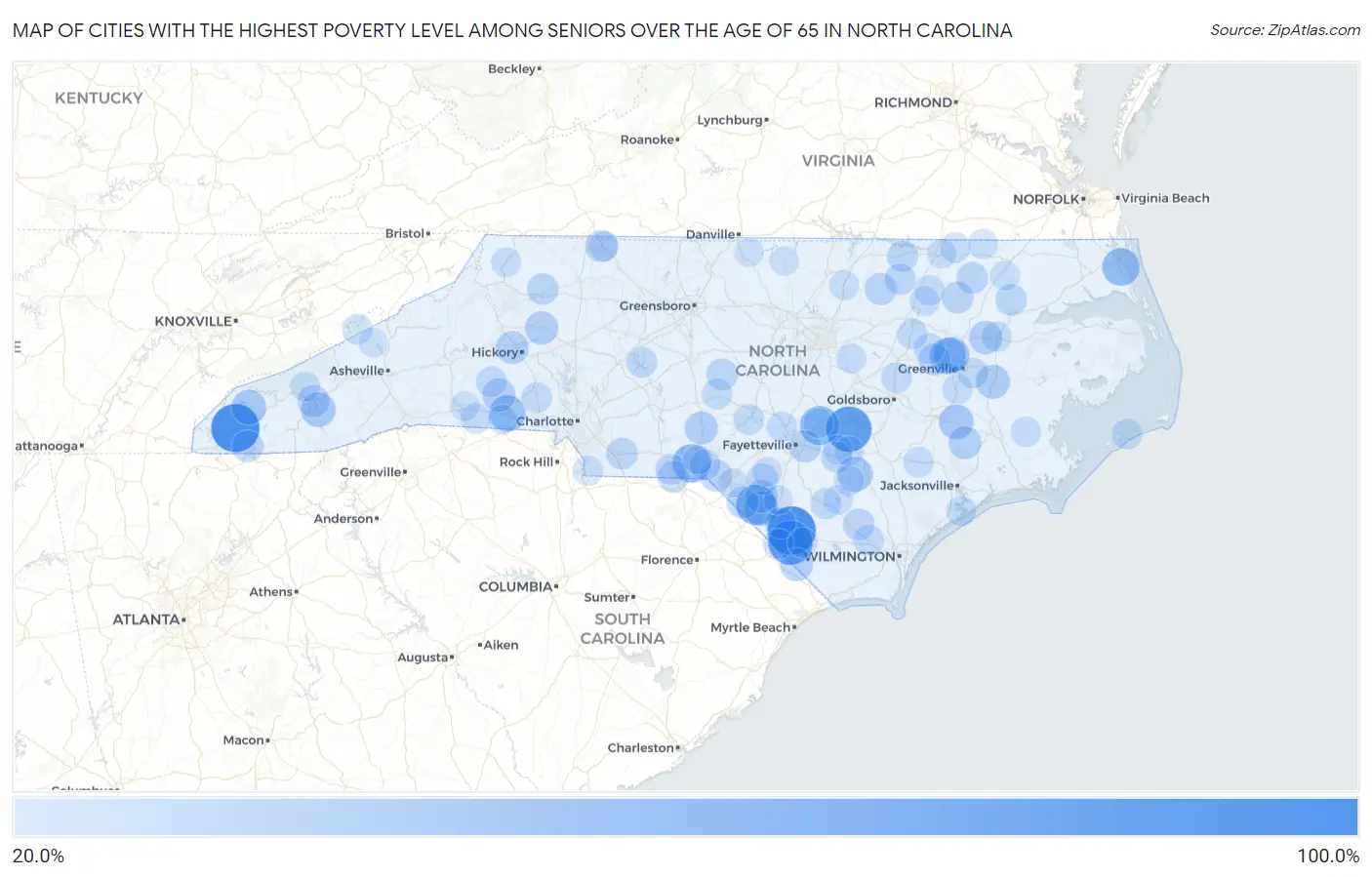 Cities with the Highest Poverty Level Among Seniors Over the Age of 65 in North Carolina Map